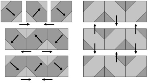 Press the seams in each unit toward ONE corner so they nest together, and press seams following arrows when sewing rows