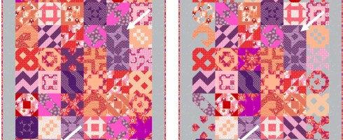 Midsommar quilt per the instructions and my modified version substituting some background fabric in the blocks