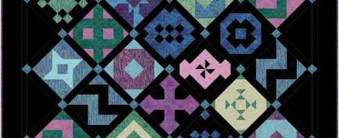 My blue, green and purple blocks arranged in an on-point setting