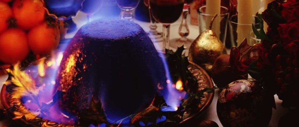 Flaming Christmas plum pudding